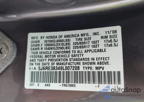 2009 Honda Cr-V Lx from USA, damaged, VIN 5J6RE38349L007208